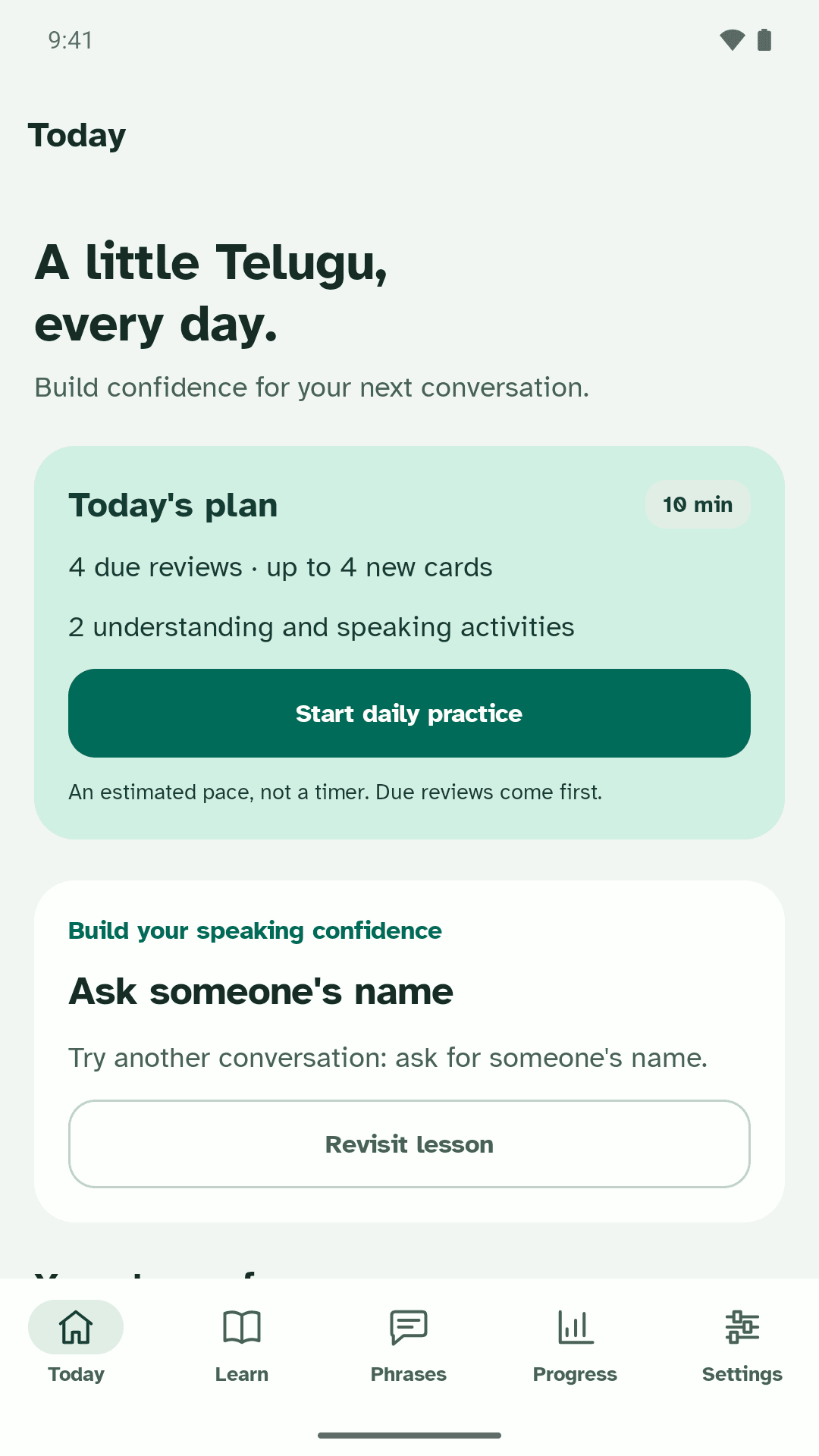Learn Telugu daily practice with due reviews and conversation activities